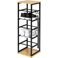 eluno Schuhregal für max. 6 Paar Schuhe, 2 Holzablagen, 4 Haken