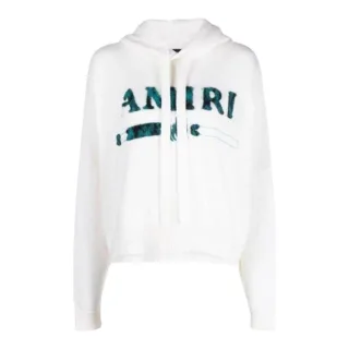Amiri Leopard MA Bar Logo Weißer Strickhoodie