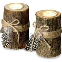 Levandeo® Teelichthalter, 2er Set Teelichthalter Holz je 12cm hoch Kerzenhalter Federn