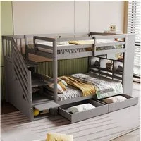 Flieks Etagenbett, Kinderbett 90x200cm mit 2 Schubladen, Seitschrank, Stauraumtreppe
