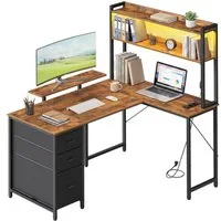 VASAGLE Schreibtisch L-Form Eckschreibtisch mit Steckdosen und LED-Beleuchtung, Computertisch mit 3 Schubladen und Monitorständer, 140 x 100 x 150 cm