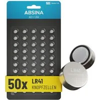 ABSINA 50x AG3 LR41 Knopfzelle 1,5V Alkaline - Knopfzellen Batterien Batterie Knopfzelle, AG3 (1,5 V, 1 St), Temperaturfest von -10°C bis +50°C, langlebig, auslaufsicher