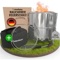 Heimfleiss® Feuerschale Rauchfreie Feuerschale mit Grillrost aus Edelstahl, Silber: Low-Smoke Feuerstelle Ø50cm mit Grillzubehör