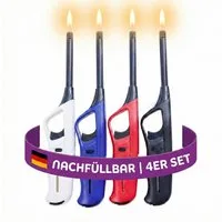 Unilite Feuerzeuge Stabfeuerzeuge 4er Set, befüllt & nachfüllbar (4-St), 27,6 cm Länge, Fester Stab, Soft-Flame