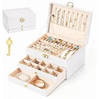 BlingBin Schmuckkasten Schmuckkästchen 3 Ebenen, Schmuckaufbewahrung mit 2 Schubladen (1er Set, 1 St., Schmuckschatulle, abschließbar, weiß), Schmuck Organizer mit Kettenhaken Ringrollen Ohrringfach Uhrenfach
