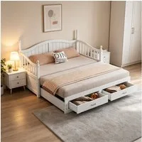 MODFU Schlafsofa Multifunktionales Zwei-in-Eins-Tagesbett, Ausziehbares Schlafsofa aus Massivholz 90x190cm bis 180x190cm – Mit eleganter römischer Säule, geschwungener Rückenlehne, Stauraum-Schubladen, stabiler Lattenrost, ohne Matratze