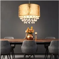 GLOBO LIGHTING LED Pendelleuchte, Leuchtmittel inklusive, Warmweiß, Hängelampe Esstischleuchte Pendellampe Textil gold Kristalle LED 140cm