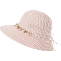 Brise Textil Sonnenhut Damen Sonnenhut mit Schmuckband und Zierperlen, Sommerhut aus Papier Dekoratives Schmuckband, Perlen und Sternanhänger, Breite Sonnenkrempe