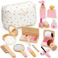 CLTYQ Spielzeug-Frisierkoffer Holz Kinderschminke Set Mädchen,Make-up-Spielzeug,Schminkkoffer, 15-tlg., Rollenspiel für Kinder,tragbares Spielzeug,Holzspielzeug