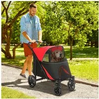 PawHut Hundebuggy Hundetrolley, Katzenbuggy mit Netzfenster und Sicherheitsleinen, (Hundewagen, 1-tlg), für große und mittelgroße Hunde, Oxfordstoff, Rot
