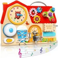 POPOLIC Motorikbrett Wooden Busy Board für Kinder, Activity Board Montessori Spielzeug, (für 2 3 4 5 Jahre Mädchen Junge, Motorik Spielzeug Sensorik Brett), Lernspielzeug, Motorikboard Geschenk für Mädchen Junge