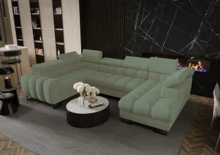 Wohnlandschaft Schlafsofa BASTIEN in Stoff Terra Mintgrün Ottomane Rechts