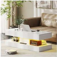 HOMCOM Couchtisch mit 12-Farbiger LED Beleuchtung, 2 Schublade, offenem Regal (Wohnzimmertisch, 1-St., Modern Beistelltisch), Kaffeetisch für Wohnzimmer 120 x 50 x 42 cm, Weiß