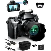 Fine Life Pro Digitalkamera 4K 64MP Fotokamera mit 4.0" Touchscreen, Kompaktkamera (inkl. 16X Digitalzoom Kompaktkamera Mit Selfie-Frontkamera für Anfänger, mit Kameratasche, Haube, 64GB TF-Karte (Doppellinse)