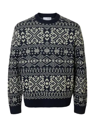 SELECTED MEN - SLHHOLGER LS KNIT JAQUARD CREW NECK sky captain - Gr. - M