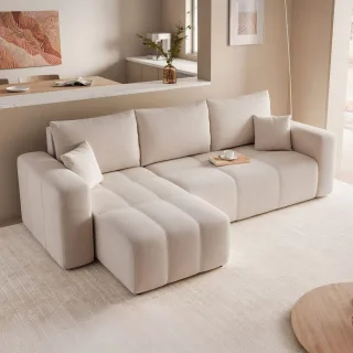Ecksofa Schlafsofa Sofa LEROS in Stoff Manila Beige Ottomane Links
