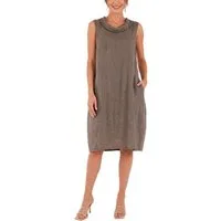 dy_mode Midikleid Damen Leinenkleid Luftiges Midi Sommerkleid Ballonkleid Strandkleid in Unifarbe, Wasserfallkragen, mit seitlichen Eingriffstaschen