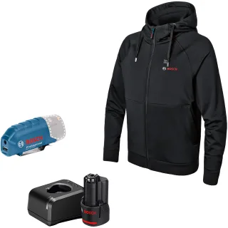 Bosch Beheizbare Hoodie GHH 12+18V XA, mit Akkuadapter, mit Ladegerät, mit 1x Akku (12V 2.0 Ah) schwarz - 06188000GG