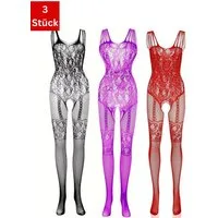 Elegant Love Bodystocking-Ouvert Sexy Strumpfbody – Ärmelloser Catsuit aus Netzstoff, Reizwäsche (Packung 3 St. 3er-Pack) Ouvert Body – Dessous mit offenem Schritt für besondere Anlässe, XS–XL