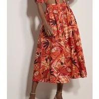 Apricot Midirock Midirock mit tropischem Blatt-Patchwork und elastischem Bund