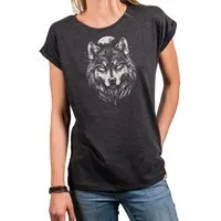 MAKAYA Print-Shirt mit Wolf Motiv für Damen Wolfskopf Viking Wikinger Top (Schwarz, Blau, Grau, Grün, 34, 36, 38, 40, 42, 44, 46, 48, 50) Baumwolle
