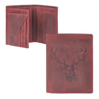 Geldbörse mit Royal Stag Prägung aus Leder antikrot im Hochformat | Greenburry. Jägerbörse bietet strukturierten Platz für Dokumente und viele Karten.