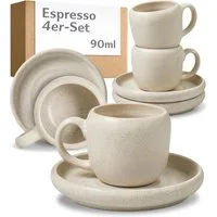 Cosumy Espressotasse 4er Espressotassen Set mit Untertassen Weiß – 90 ml Keramik Espresso, 4-tlg., Steingut, Handglasiert, Spülmaschinenfest & Mikrowellengeeignet, 4er Set