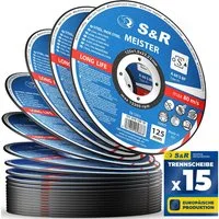 S&R Trennscheibe in Profi-Qualität, Made in EU, für Metall, Stahl, Edelstahl/INOX, (Set, 15- teilig), 125 x 1,0 x 22,23 mm, Flexscheiben für Winkelschleifer, Flex