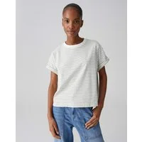 OPUS Kurzarmshirt Gestreiftes T-Shirt aus BCI Cotton Mix Slim Fit Figurbetonter Schnitt, kontrastfarbene Rippbündchen