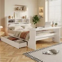 Flieks Holzbett, Kinderbett 140x200cm mit Stauraum, Schublade, verstellbarem Klapptisch