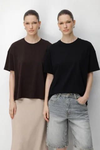 Übergroßes Rippstrick Crew-Neck Zwei-Teile T-Shirt Set
