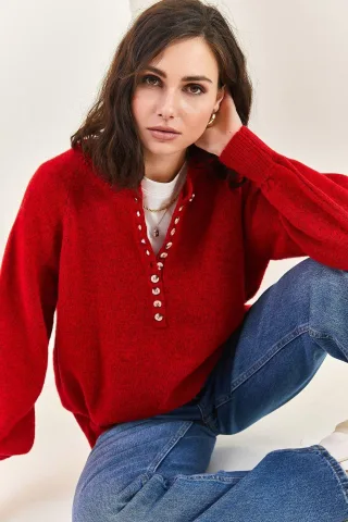 Knopfkragen Lässig Sitzender Strickpullover