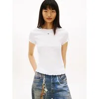 Tommy Jeans Kurzarmshirt TJW SLIM SMOCK SS TEE aus Seersucker, mit Kräuselsaum