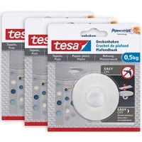 tesa Klebehaken POWERSTRIPS Deckenhaken mit max. 500g Haltekraft - Dekohaken, Dekoration, Mobilé, (Spar-Set, 3-St., inkl. Powerstrips), Klebenagel - POWERSTRIPS Doppelseitig - Tapete & Putz - 3er Pack