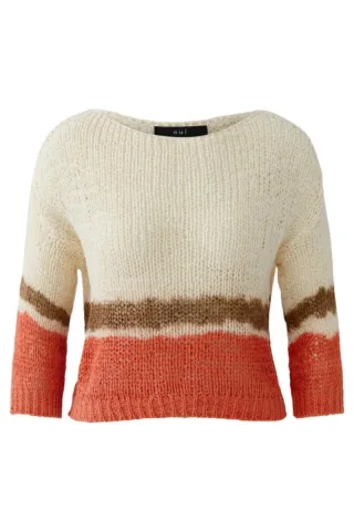 Oui - Gestreifter Strickpullover mit U-Boot-Ausschnitt beige/orange - Gr. - 40