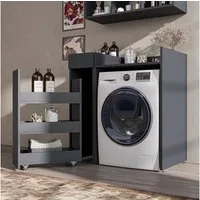 Roomart Waschmaschinenumbauschrank Roomart DERIN-III – Unterschrank & Rollwagen, opt.: mit Wandschrank (Set, Unterschrank mit Gerätenische + Rollwagen, (opt) + Wandschrank) Soft-Close, Gasdruckfeder-Klapptür, Arbeitsfläche, Rollwagen
