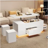 Merax Couchtisch 4-in-1 höhenverstellbar Sofatisch mit LED-Beleuchtung (1-St., mit App-gesteuertem Licht & Liftfunktion), Wohnzimmertisch mit verstecktem Stauraum & 2 Hocker, 100x50x45 cm