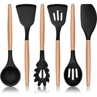 LuxusKollektion Kochbesteck-Set Küchenhelfer Silikon 6teilig Holzgriff Hitzebeständig Schwarz