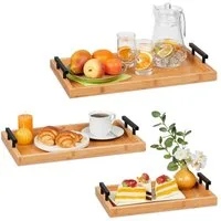 relaxdays Tablett 3er Set aus Bambus, Bambus