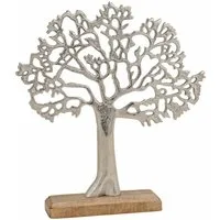 Spetebo Dekoobjekt Aluminium Lebensbaum mit Holz Standfuß - 33x30 cm (Stück, 1 St., Lebensbaum), Metall Baum auf Mangoholz