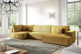Wohnlandschaft Schlafsofa CORUNIA Stoff Poso Honiggelb Ottomane Rechts