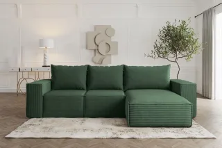 Ecksofa Sofa mit Schlaffunktion ESTELLE in Stoff Poso Grün Ottomane Rechts