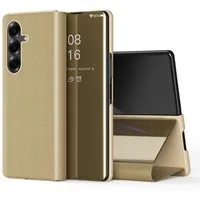 Wigento Handyhülle Für Samsung Galaxy Z Fold7 5G View Spiegel Wake UP Smart Hülle Gold, Elektroplattiertes Spiegel-Design, horizontaler Klappständer