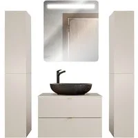 Lomadox Badmöbel-Set DURANGO-56, (Spar-Set, 4-St., LED-Spiegel Waschtisch Hochschränke), 80 cm breit, Keramikwaschbecken, kaschmir, 2 Schubladen