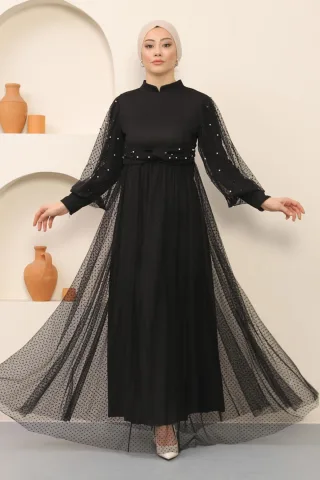 Perlen Detailed Tüll Abendkleid Schwarz