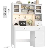 Homfa Schreibtisch mit LED, 2 Steckdosen und 2 USB, Schminktisch Computertisch Bürotisch weiß 165x120x48cm