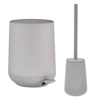 Bad-Accessoires Nova One Set 2tlg gull grey | Zone Denmark Monochrome Design-Kombi aus Soft-Touch Kosmetikeimer und Toilettenbürste aus Steingut fürs