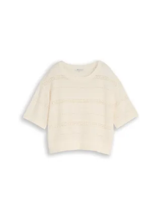 Denim Tom Tailor - Relaxed Fit Strickpullover mit Lochmuster gardenia white - Gr. - XL