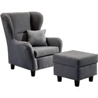 luma-home Ohrensessel 18001 (mit Hocker und Zierkissen, Wellenunterfederung, B90/H98/T76 cm), Lesesessel mit Echtholzfüßen, Bezug Strukturstoff in Grau