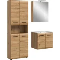 welltime Badezimmer-Set, (Set, 5-St., Hochschrank, Spiegelschr. inkl. Bel., Waschtisch inkl. Waschbecken), Bad-Kombination, Bad-Möbel, Badezimmer, Kombination, Kombi